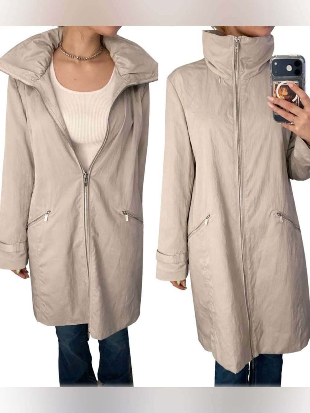 Karl Lagerfeld Stone Beige Long Zip-Front Trench Coat